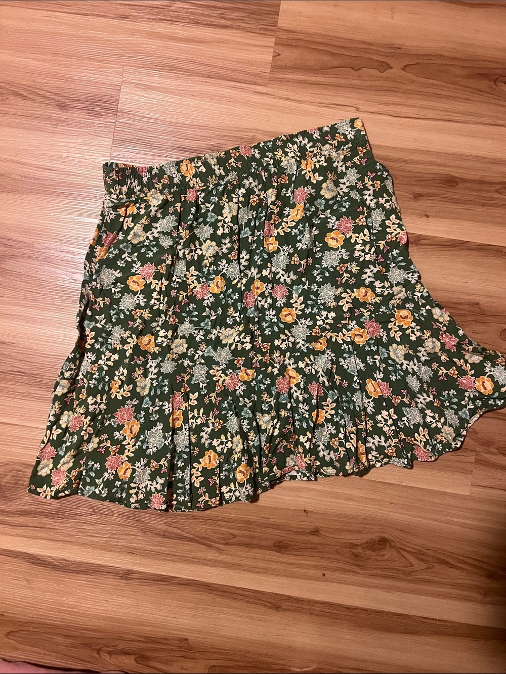 LOFT Green Floral Tiered Skirt with Yellow & Pink Accents